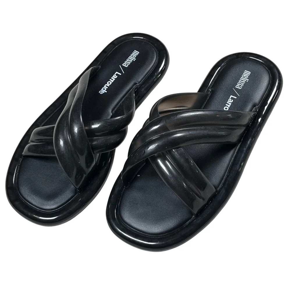 Melissa Larroude Cali Slide Sandals Womens 6 Black Puffy Crisscross Jelly Vegan